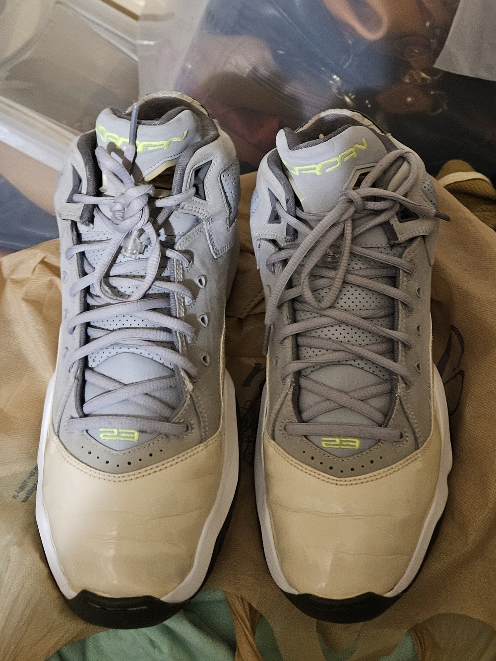 Jordan Men’s Athletic Shoes in Gray, Beige and Neon Yellow Accents